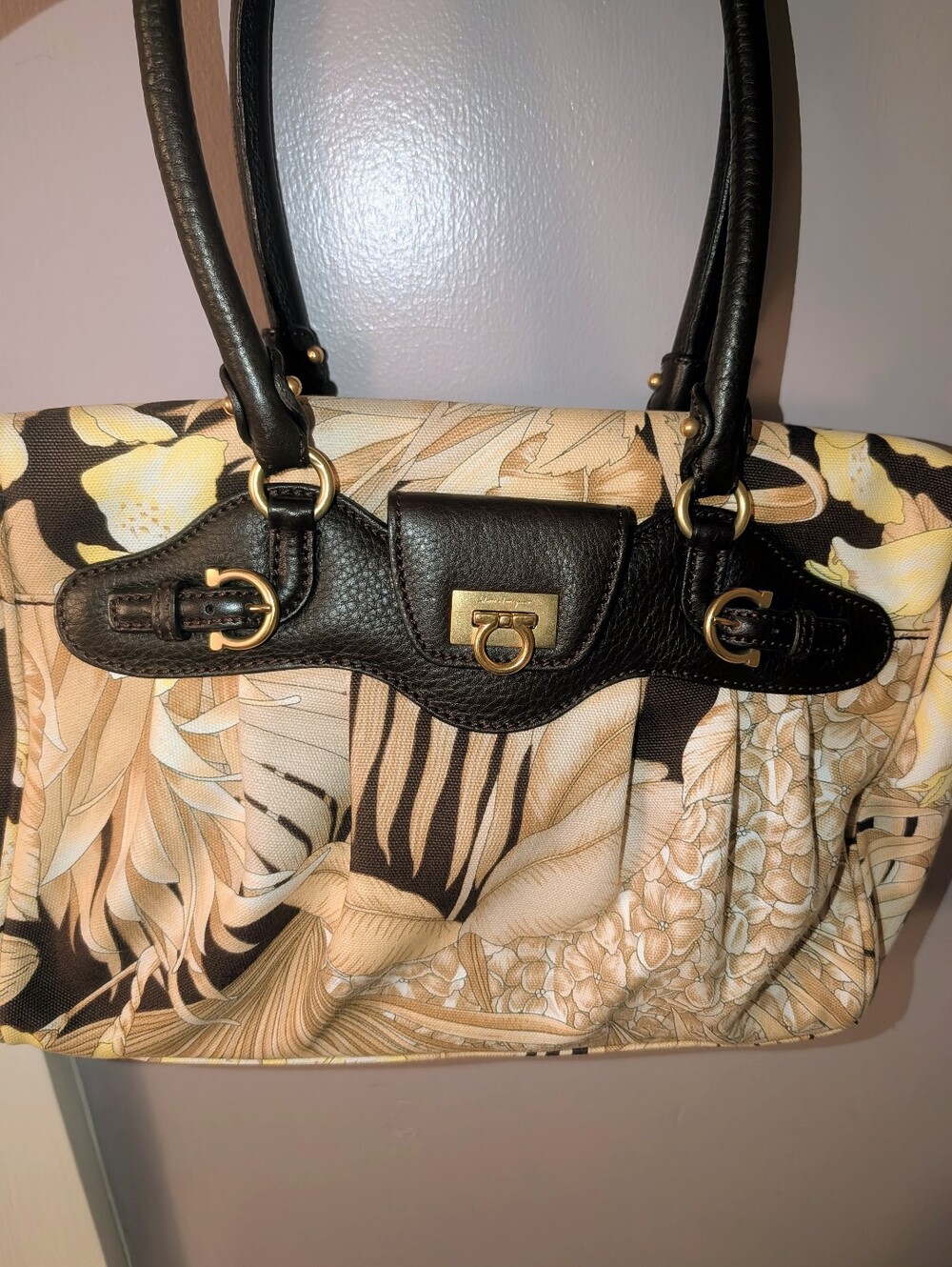 Salvatore Ferragamo Gold Tote with Brown Leather Logo Plaque